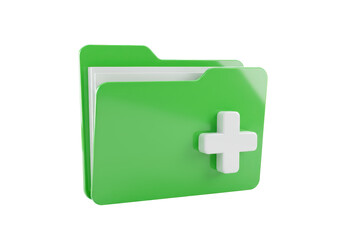 Isolated shiny green folder with documents and a plus sign for adding new files