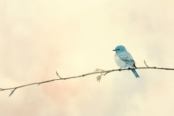 Watercolor painting featuring a bluebird resting on a slender branch with delicate leaves, evoking a sense of tranquility and simplicity
