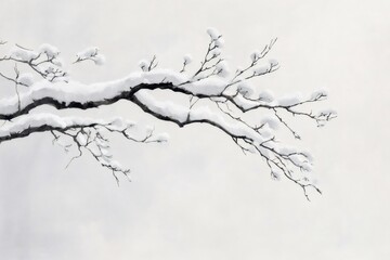 Delicate watercolor painting captures the serene beauty of snow covered branches against a soft gray sky