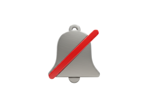 Isolated mute notification bell with a red slash, quiet mode, notification off, or privacy