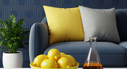 Modern living room with stylish sofa, fresh lemons, and vibrant plant creates a relaxing atmosphere for home decor and lifestyle content