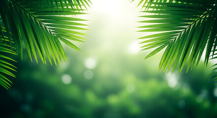 Vibrant green palm leaves frame a natural, sun-drenched background, perfect for tranquil wellness and serene design projects