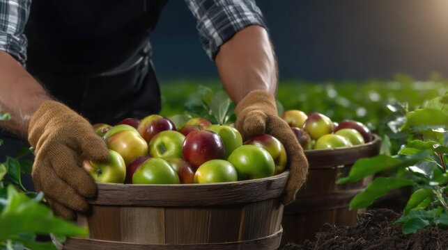 Gloved farmer hands carefully placing fresh ripe apples into a wooden barrel. Many colorful green and red fruits from local production. Harvest time in a rural field. - Powered by Adobe