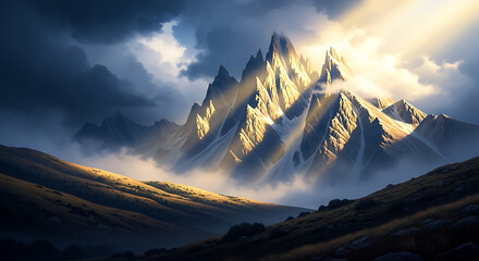 Majestic mountain peaks bathed in golden sunlight breaking through dramatic storm clouds creating a stunning natural landscape scene