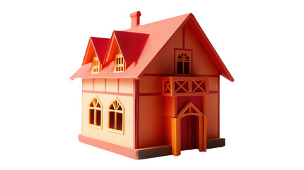 A vibrant toy house model features a creative architectural design with multiple windows a red roof and detailed front entrance perfect for imaginative play