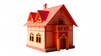 A vibrant toy house model features a creative architectural design with multiple windows a red roof and detailed front entrance perfect for imaginative play