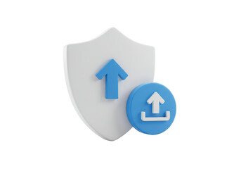 Isolated file upload security with a shield and an upward pointing arrow icon concept