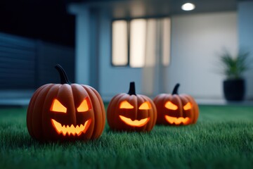 Spooky Halloween Pumpkins with Glowing Faces on Green Grass at Night by a Modern House