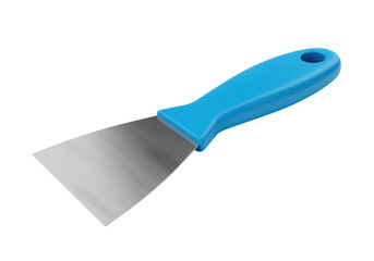 Isolated metal putty knife, scraper, or wall spackle tool with blue plastic handle