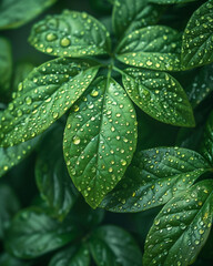 Green Leaves with Water Droplets Close-Up