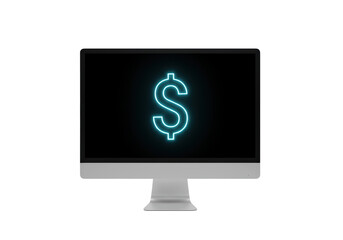 Isolated computer screen with dollar sign financial monitor display neon glow effect, digital