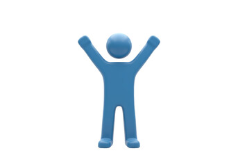 Isolated abstract blue human figure raises arms celebrating success or victory concept