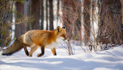 Fototapeta premium a red fox walks cautiously through a snowy winter forest alert and glancing around its serene surroundings