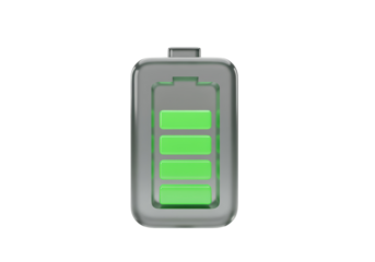 Isolated 3D full battery icon with green bars, power supply energy indicator symbol