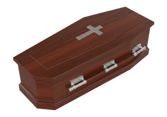 Isolated coffin of wood with cross for burial, religious funeral service and burial ceremony