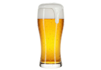 Isolated pint of refreshing beer with foam head, a tall and cool drink with condensation