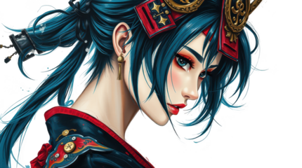 A striking warrior woman with blue hair and an intricate headpiece displays her fierce expression adorned in traditional attire emphasizing her strong character