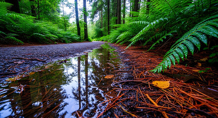 Lush forest path with reflections in a puddle, tranquil scene for nature lovers and travel inspiration