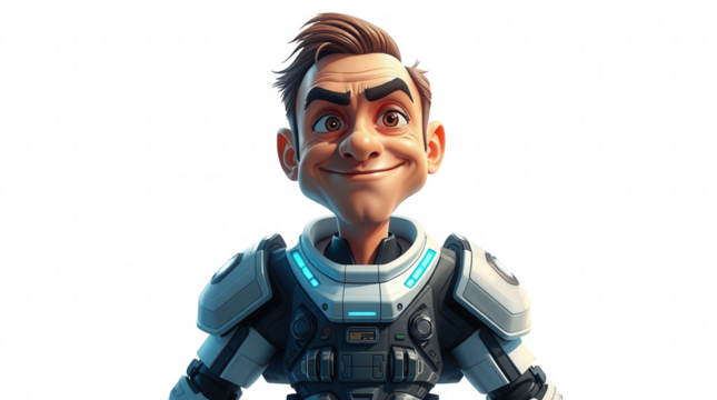 A cartoon character with a beaming smile is dressed in a sleek futuristic space suit featuring glowing elements