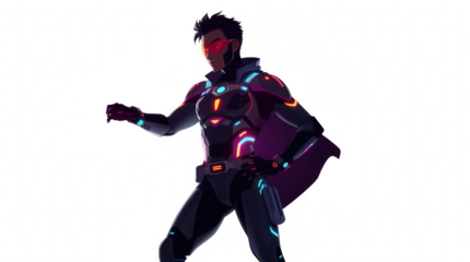 A futuristic superhero in a sleek black suit with neon accents is striking a dynamic pose exuding confidence and power against a plain background