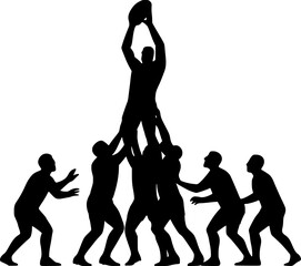 Rugby Players Line-Out Jump Silhouette Vector, Minimal Black Outline for Sports and Team Design