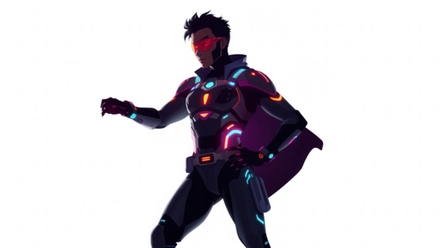 A futuristic superhero in a sleek black suit with neon accents is striking a dynamic pose exuding confidence and power against a plain background