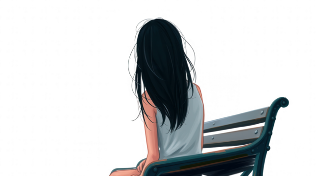 A young woman with long black hair sits on a park bench lost in thought as she gazes into the distance on a clear and sunny afternoon