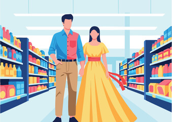 Couple dressed elegantly shopping in store aisle with shelves full of products vector illustration