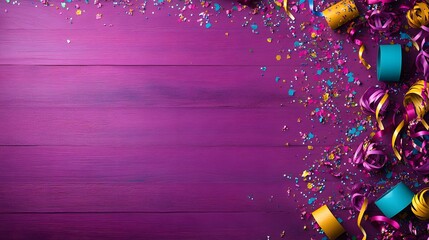 Festive Purple Wood Background with Colorful Confetti and Ribbons