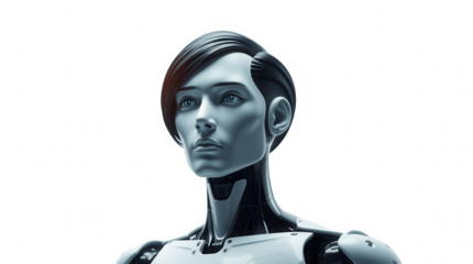 A humanoid robot stands still displaying a polished exterior intricate mechanical components and intense eyes