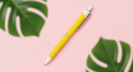 Vibrant yellow pen against soft pink backdrop with tropical Monstera leaves evokes creativity, perfect for stationery, branding, and design projects