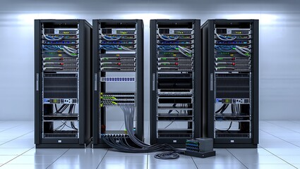 Modern data center server racks with glowing blue lights in a clean futuristic environment