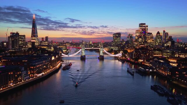 London Skyline Aerial Flythrough Over River Thames Towards Tower Bridge at Sunset