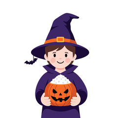 Child in purple witch costume holding jack o lantern pumpkin with popcorn for Halloween celebration vector illustration 