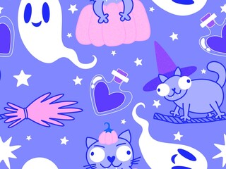 Halloween animals seamless cats pattern for wrapping paper and fabrics and linens and kids clothes print