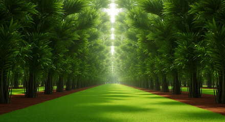 Lush green pathway through vibrant tropical forest with bright sunlight illuminating the scene, creating a tranquil and peaceful atmosphere