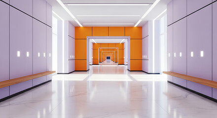 Modern architectural hallway with minimalist design, geometric shapes, and warm orange accents creating a professional, elegant atmosphere