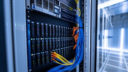 Modern server room technology with blinking lights and connected cables for data center operations