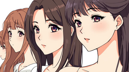 Four young women stand side by side showcasing a variety of hairstyles and captivating expressions in a modern artistic style that emphasizes beauty and uniqueness