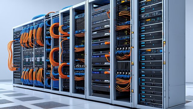 Modern server rack array filled with blinking lights and colorful cables representing data center technology and networking infrastructure