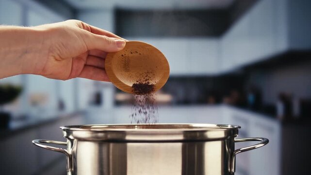 Professional chef adds paprika fragrant dry peppers to a pot of boiling food. Restaurant kitchen cooking, colorful spices, dropping spices.