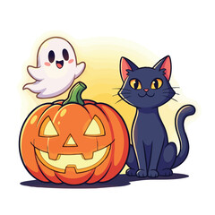 Halloween themed black cat with glowing jack o lantern and happy ghost vector illustration for spooky celebration decoration 