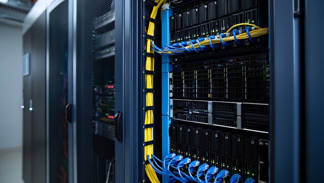 Intricate network server rack with colorful cables and blinking lights data center technology - Powered by Adobe