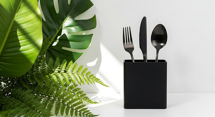 Elegant black cutlery set with vibrant green tropical leaves against a bright white background, perfect for food and lifestyle concepts