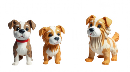 Three colorful cartoon dog figurines display unique designs showcasing different breeds and playful expressions in a bright setting