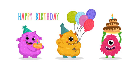 set of Cute monsters isolated on white background for magazines, birthday cards. Alien, cartoon character. Monster with balloons and cake in flat style. Vector illustration © Alina