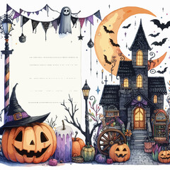 Vintage Halloween Invitation Card Illustration. Celebration Ads Flyer Design, Party Invite event Template, Watercolor Spooky Frame Pumpkins, cartoon Ghosts, Haunted House, festival 
