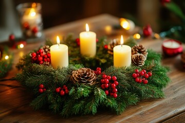 Traditional Advent wreath with four candles and evergreen branches, symbolizing the countdown to Christmas in cozy home style.