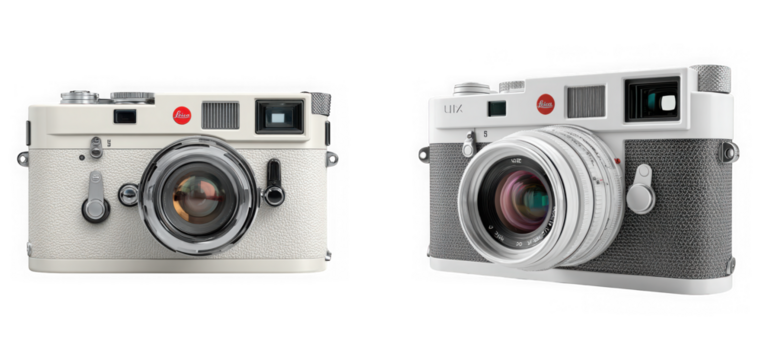 Two vintage cameras, one white and one black, isolated on transparent background - Powered by Adobe