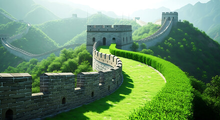 Magnificent Great Wall of China winding through lush green mountains, a symbol of history and travel